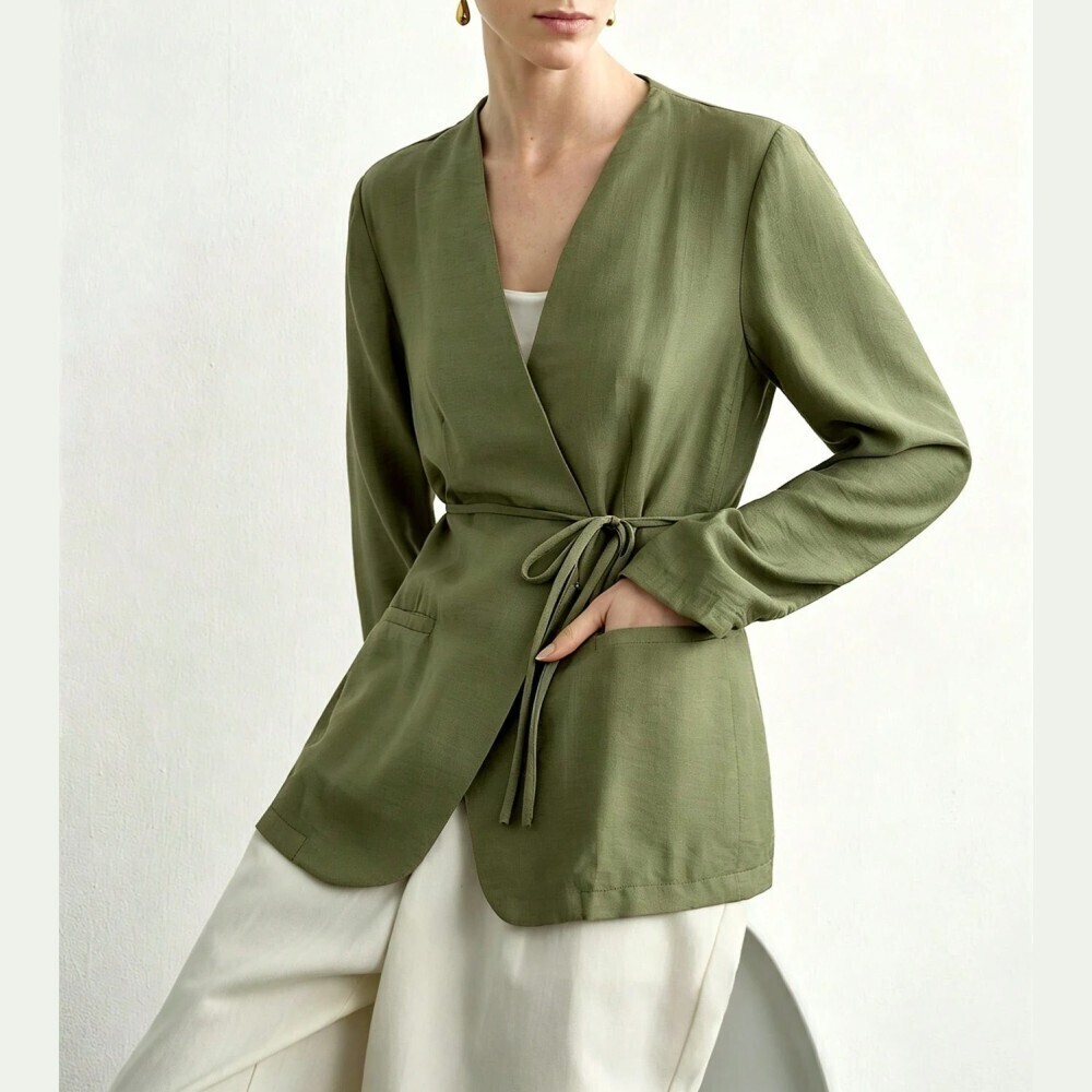 Olive Green Collarless Wrap Front Tie Waist Lightweight Blazer Jacket
